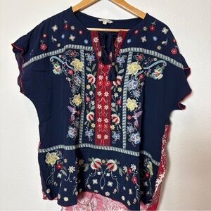 John Mark Navy and Red Embroidered Blouse